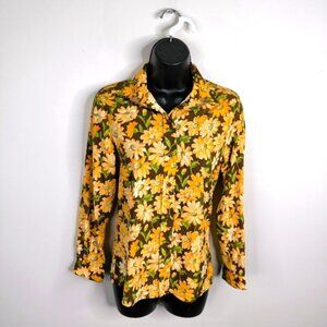 Vintage Charlie White Silk Retro 70s Floral Cottage Tapestry Sunflower Shirt M
